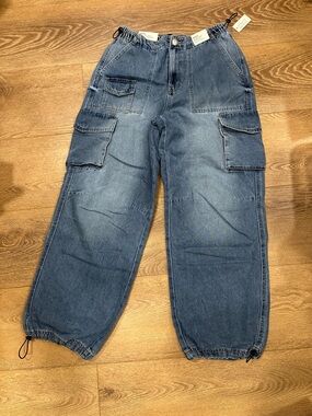 High-Rise Blue Cargo Denim Parachute Jeans for Women